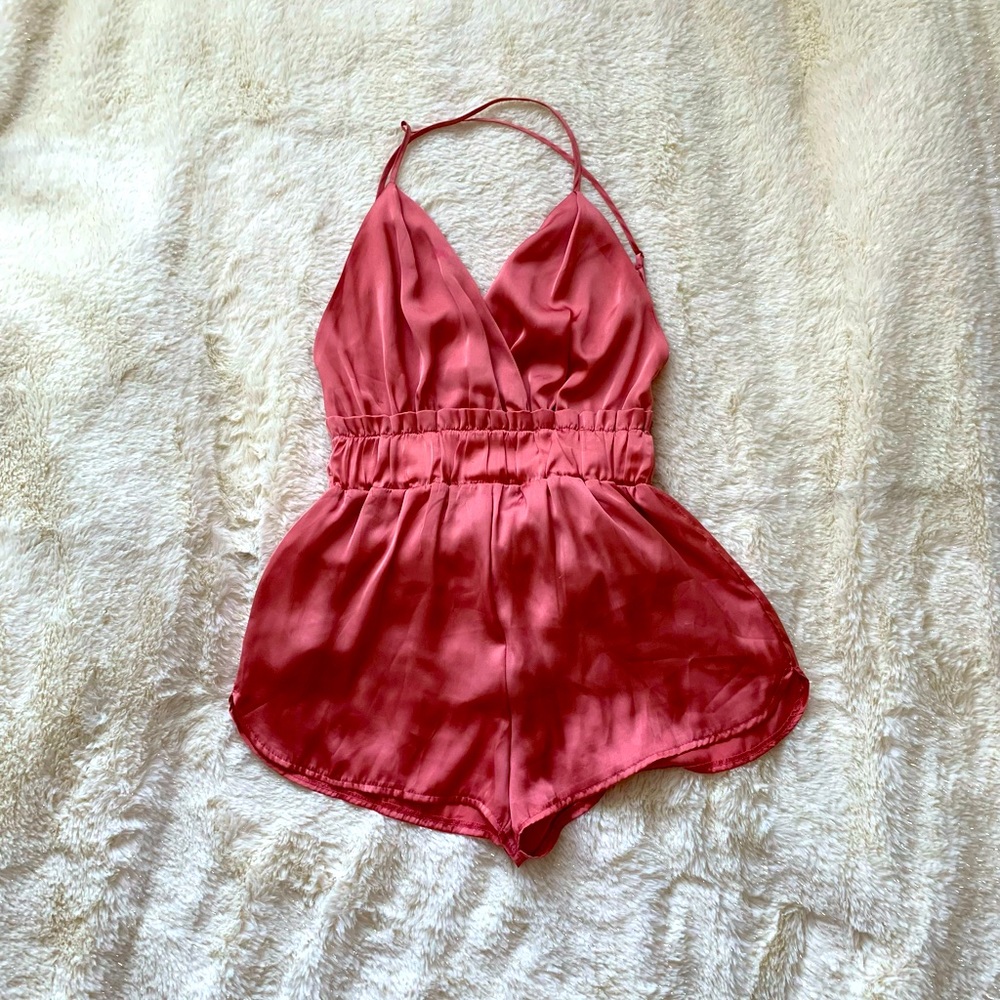 Pink Satin Backless Romper
